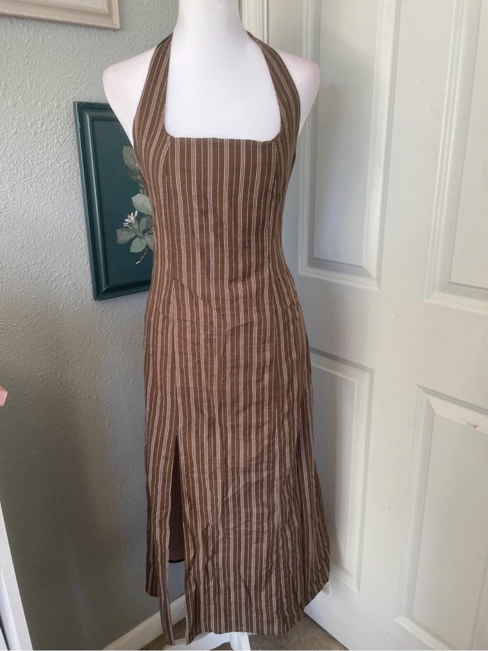 aerie Brown Striped Halter Midi Dress